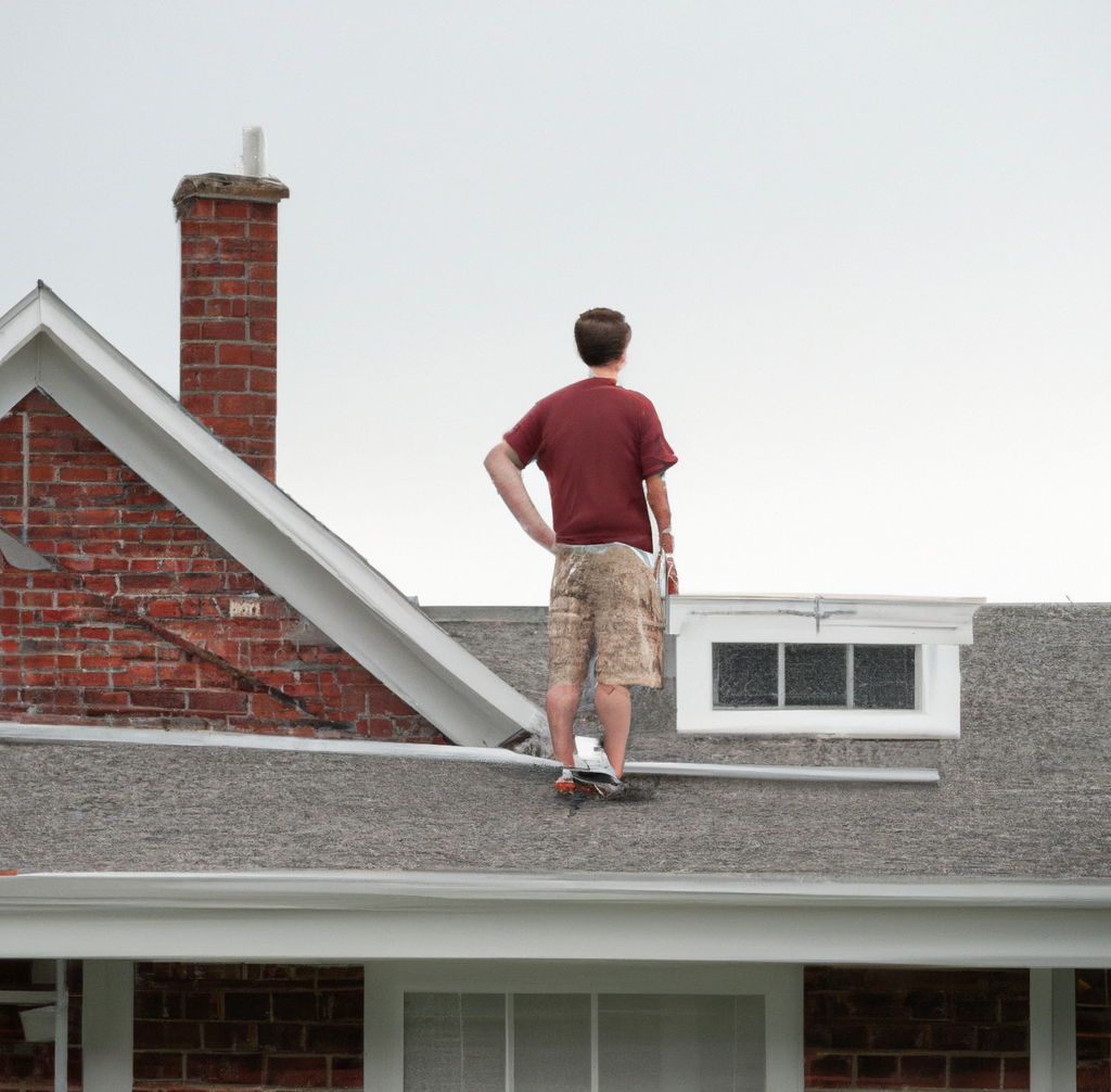 A homeowner standing on his residential roof planning on doing DIY repairs
