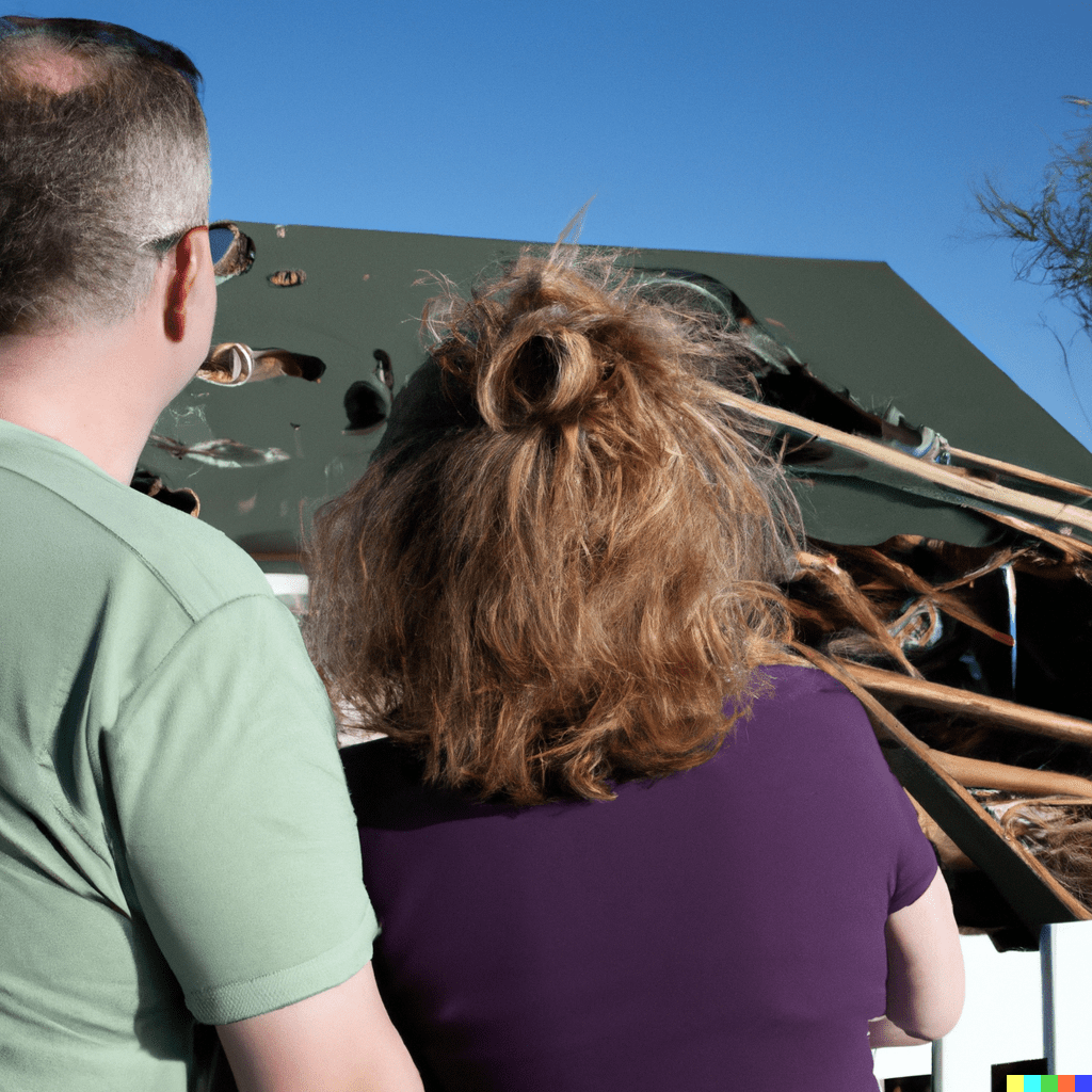 A middle aged couple looks at their storm-damaged home in Dallas knowing it will need a roof repair or roof replacement