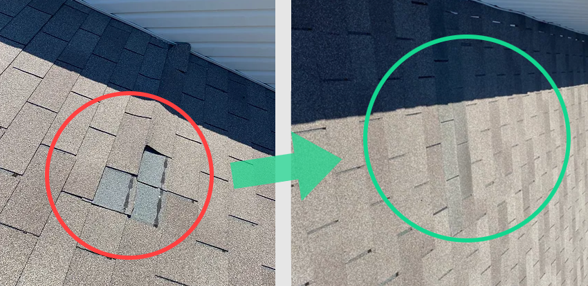 Roof being repaired due to missing shingles. On the left is the before picture, on the right is the after repair picture with color-matched shingles.