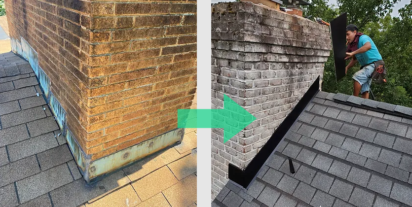 Roof repair before and after with old leaky chimney flashing on the left and new high quality flashing on the right