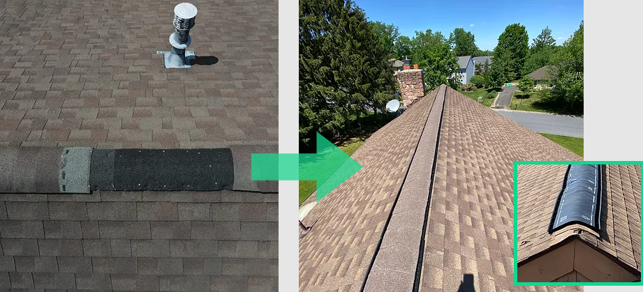 Before and after photo. On the left is a ridge vent with missing shingles due to improper installation. On the right is after the roof repair with proper install. 