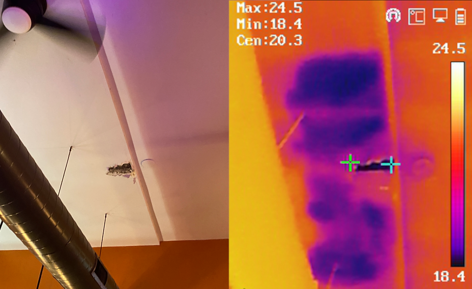 Side by side thermal imaging photo showing moisture prior to having a roof repair. 