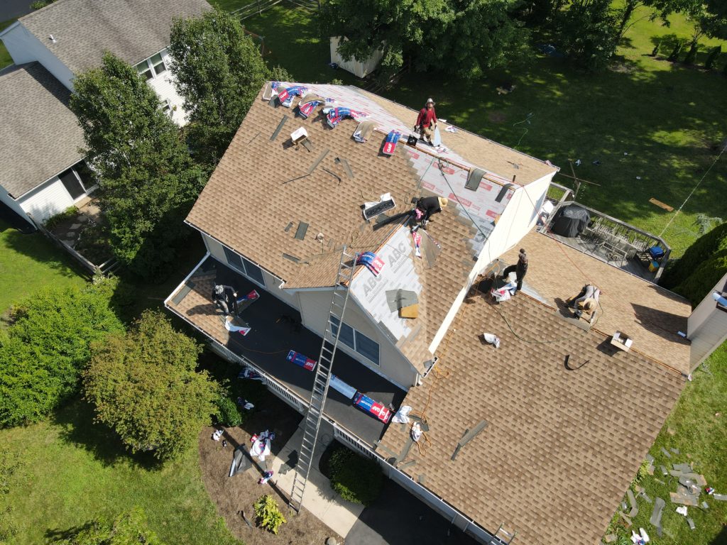 Drone shot of an active roof repair in San Antonio, Texas 