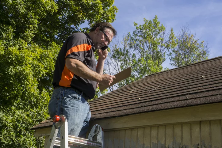 Homeowner on a ladder inspecting a rooftop for hail damage after a hail storm